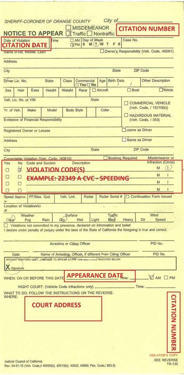 Where is citation number on traffic ticket California?